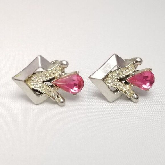 Vintage Pink and Silver Tone Rhinestone Geometric Clip On Screw Back Earrings - Picture 6 of 6